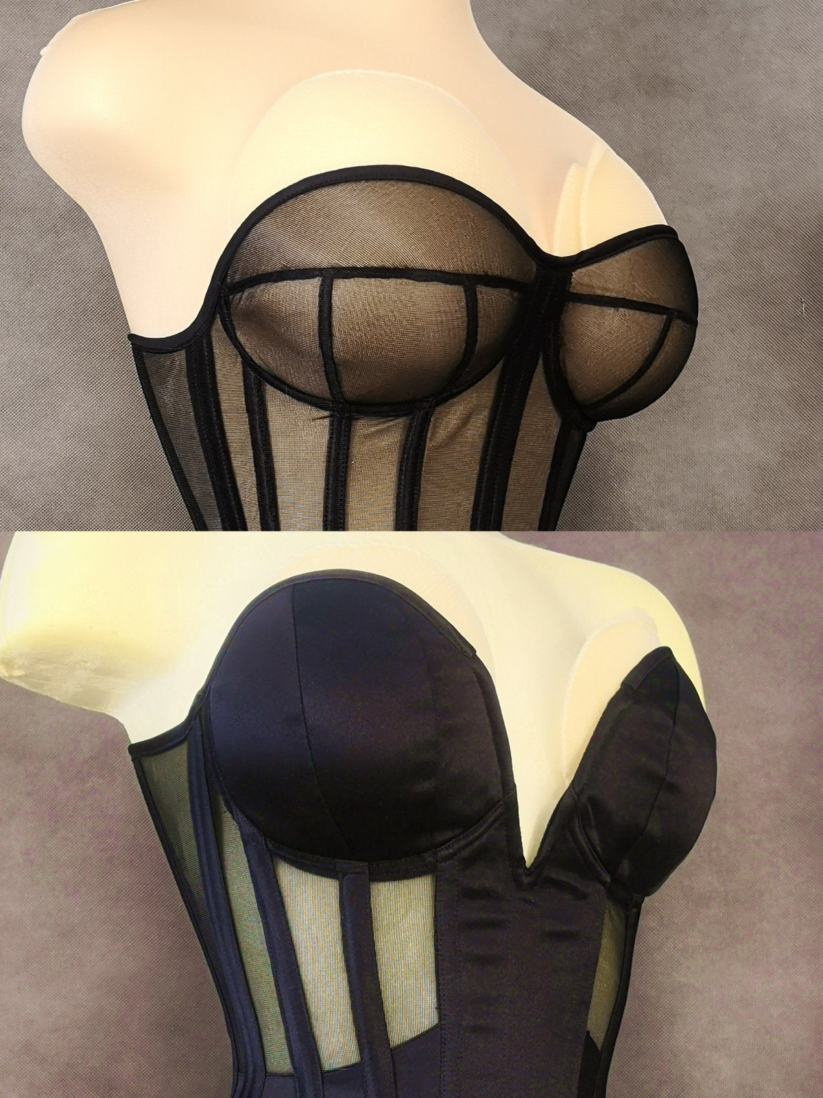 Mesh Corset Bodysuit With Satin Cups and Fan-lacing 
